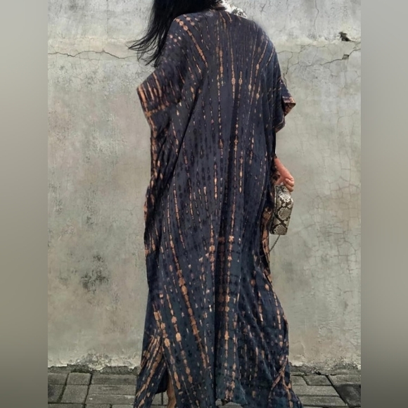 Gray Blue Tie Dye Hippie Kaftan Long Flowy Maxi Dress Loose Boho V Neck Caftan - Picture 5 of 9